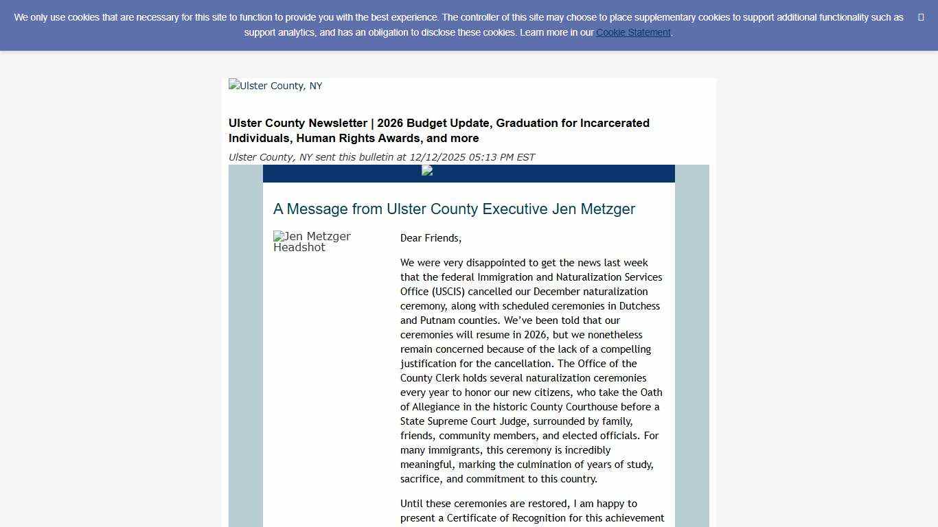 Ulster County Newsletter | 2026 Budget Update, Graduation for Incarcerated Individuals, Human Rights Awards, and more